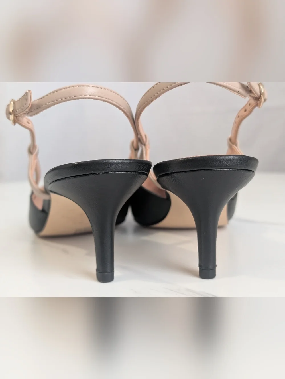 Kate Spade Veyda Slingback Kitten Heels Black Warm Beige Pointed Toe 8B NWOB